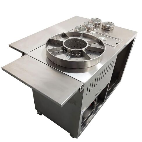 Stainless Steel Street Food Cart, Liquefied Gas Powered Mobile Vending Cart with 9-Grid Fountain Pot, Commercial Portable Kiosk with Foldable Tables for Outdoor Markets and Mall Food Service in Kuwait