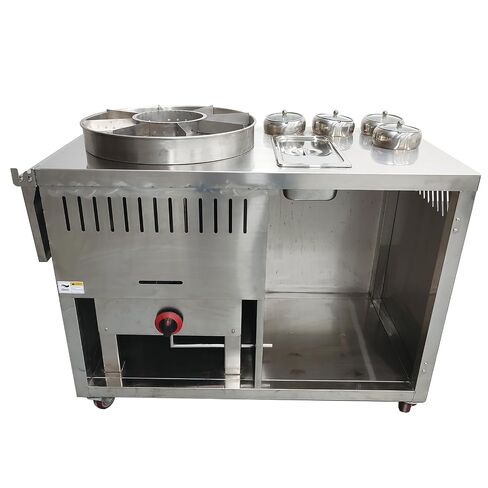 Stainless Steel Street Food Cart, Liquefied Gas Powered Mobile Vending Cart with 9-Grid Fountain Pot, Commercial Portable Kiosk with Foldable Tables for Outdoor Markets and Mall Food Service in Kuwait