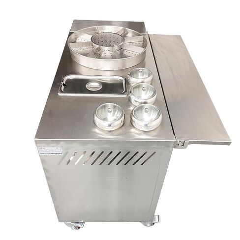 Stainless Steel Street Food Cart, Liquefied Gas Powered Mobile Vending Cart with 9-Grid Fountain Pot, Commercial Portable Kiosk with Foldable Tables for Outdoor Markets and Mall Food Service in Kuwait