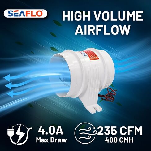 SEAFLO in-Line Marine Bilge Air Blowers- 12V, 3 or 4", 130-270 CFM Ultra-Quiet Operation 4 or 3 Inch for Yacht/Sailboat/Boat- ISO 8846, CE & RoHs Certified - 4-Year Warranty in Kuwait