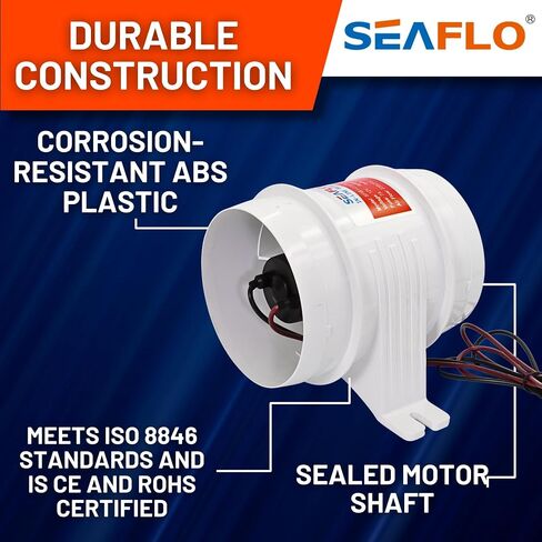 SEAFLO in-Line Marine Bilge Air Blowers- 12V, 3 or 4", 130-270 CFM Ultra-Quiet Operation 4 or 3 Inch for Yacht/Sailboat/Boat- ISO 8846, CE & RoHs Certified - 4-Year Warranty in Kuwait