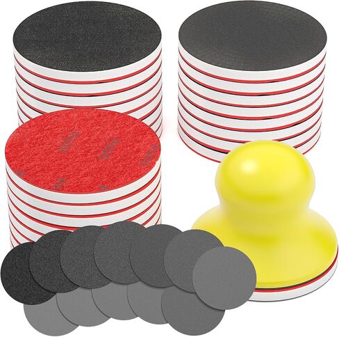 BURMONG 32PCS Sanding Sponge Set，3 Inch Hook & Loop Sanding Sponge Discs Kit, 180–3000 Grit Wet Dry Sanding Pads with 3" Hand Sanding Block for Wood, Metal, Headlight & Curved Surface Polishing in Kuwait