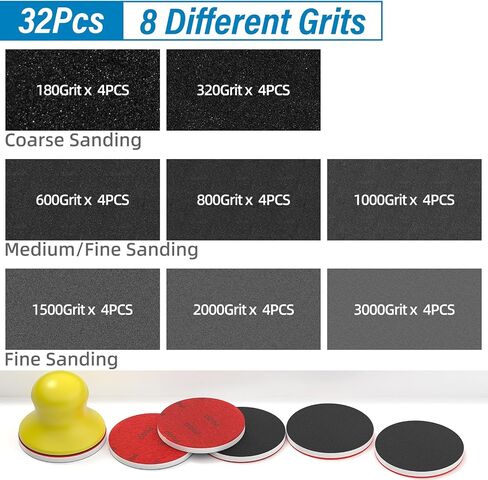 BURMONG 32PCS Sanding Sponge Set，3 Inch Hook & Loop Sanding Sponge Discs Kit, 180–3000 Grit Wet Dry Sanding Pads with 3" Hand Sanding Block for Wood, Metal, Headlight & Curved Surface Polishing in Kuwait