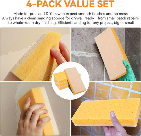 Drywall Wet Sanding Sponge, Dustless Drywall Sponge, Dual Sided Walboard Sander Sponge for Finishing, Spackle Smoothing, Reusable Wet Sanding Sponge for Joint Compound Spackle, 4 Pack in Kuwait