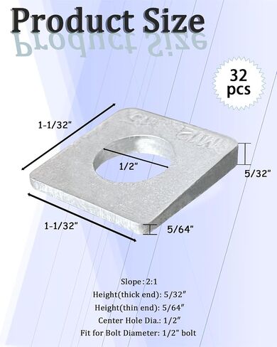 Hot-Dipped Galvanized 32-Pack 1/2" Beveled Square Washers for Leveling I-Beam & Strut Channel, 1-1/32" x 1-1/32" Heavy Duty Steel in Kuwait