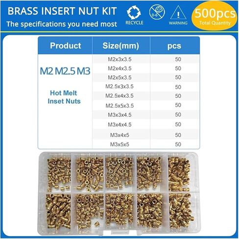 M2 M2.5 M3 M4 M5 M6 Threaded Inserts Brass Heat Set Insert Nut Assortment Kit(M2-m4 600pcs) in Kuwait