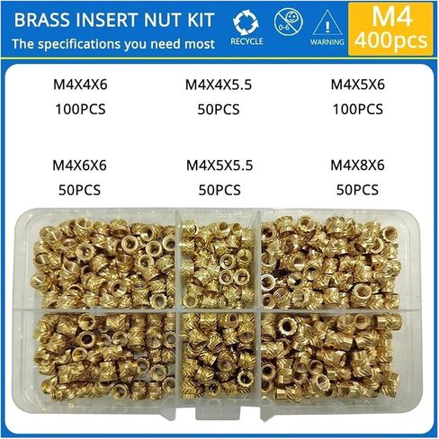 M2 M2.5 M3 M4 M5 M6 Threaded Inserts Brass Heat Set Insert Nut Assortment Kit(M2-m4 600pcs) in Kuwait