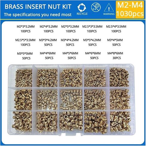 M2 M2.5 M3 M4 M5 M6 Threaded Inserts Brass Heat Set Insert Nut Assortment Kit(M2-m4 600pcs) in Kuwait