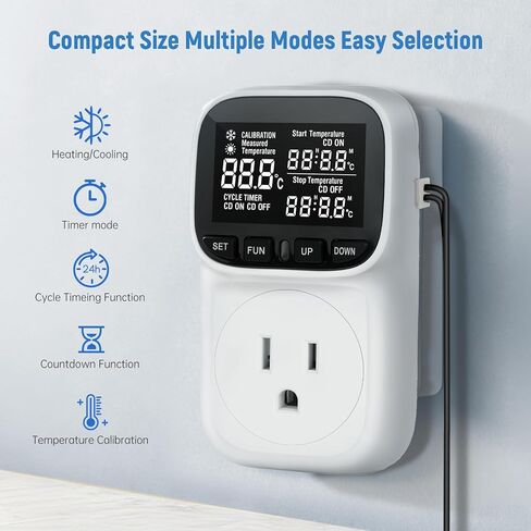 Digital Temperature Controller, Thermostat Outlet with LCD Display | 15A/1800W, Heating & Cooling Mode, -40℉~210℉, 4 Timing Modes, For Greenhouse Incubator Homebrew Reptile Tank in Kuwait