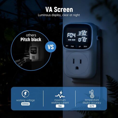 Digital Temperature Controller, Thermostat Outlet with LCD Display | 15A/1800W, Heating & Cooling Mode, -40℉~210℉, 4 Timing Modes, For Greenhouse Incubator Homebrew Reptile Tank in Kuwait