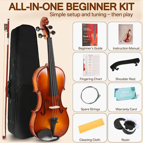 Kmise Teacher Approved 4/4 Full Size Violin Starter Kit for Adults Beginners Students, High Density Ebony Acoustic Violins, Fiddle Bundle with Case, Bow, Rosin, Strings, Shoulder Rest & Guide in Kuwait