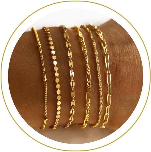 Tewiky Stack Bracelets للنساء غير المشوهة - Dainty 14K Gold Plated/Sterling Silver Chain Bracelets مجموعة مجوهرات مقاومة للماء قابلة للتعديل للنساء in Kuwait