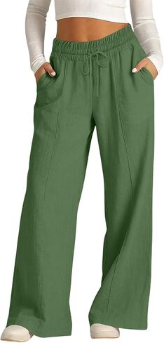 Straight Leg Pants Women Drawstring Mid Elastic Waist Trousers Summer Casual Vocation Palazzo Outfits with Pockets in Kuwait