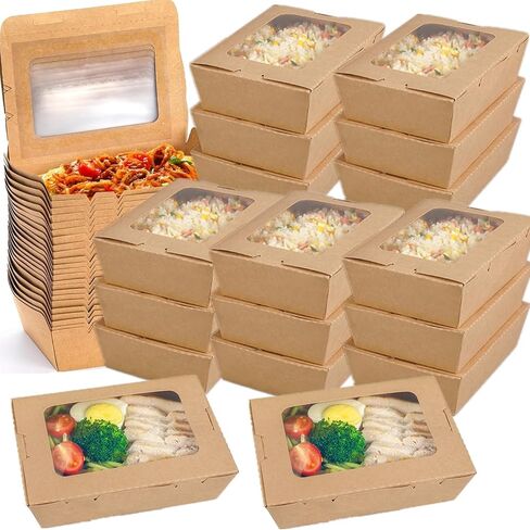 50 Pack Take Out Food Containers with Window, 40 oz Microwaveable Kraft Paper To-Go Boxes, Foldable Pastry Containers for Catering, Restaurants, Parties, Meal Prep in Kuwait