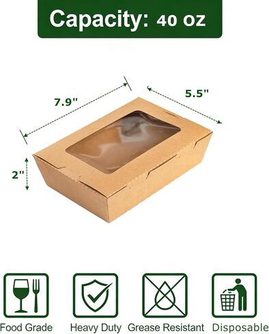 50 Pack Take Out Food Containers with Window, 40 oz Microwaveable Kraft Paper To-Go Boxes, Foldable Pastry Containers for Catering, Restaurants, Parties, Meal Prep in Kuwait