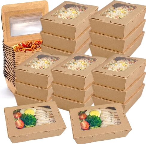 50 Pack Take Out Food Containers with Window, 40 oz Microwaveable Kraft Paper To-Go Boxes, Foldable Pastry Containers for Catering, Restaurants, Parties, Meal Prep in Kuwait