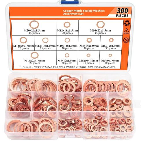 300PCS Metric Solid Copper Crush Washers Assortment Kit, 12 Sizes Flat Round Copper Sealing Gasket for Oil Drain Plug, Hydraulic Fitting & Pipe Connection Sealing in Kuwait