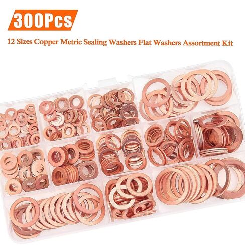 300PCS Metric Solid Copper Crush Washers Assortment Kit, 12 Sizes Flat Round Copper Sealing Gasket for Oil Drain Plug, Hydraulic Fitting & Pipe Connection Sealing in Kuwait