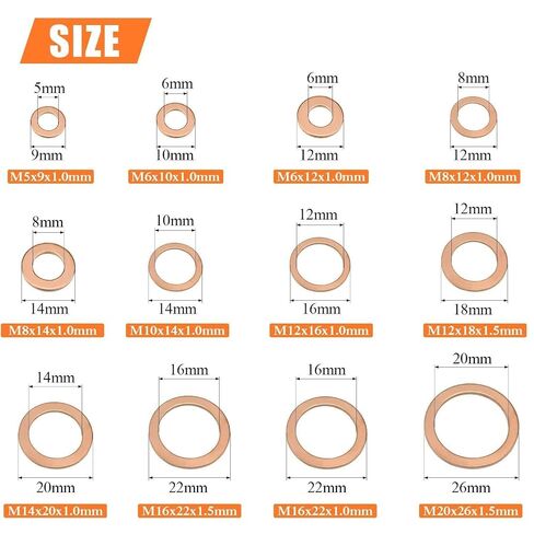 300PCS Metric Solid Copper Crush Washers Assortment Kit, 12 Sizes Flat Round Copper Sealing Gasket for Oil Drain Plug, Hydraulic Fitting & Pipe Connection Sealing in Kuwait