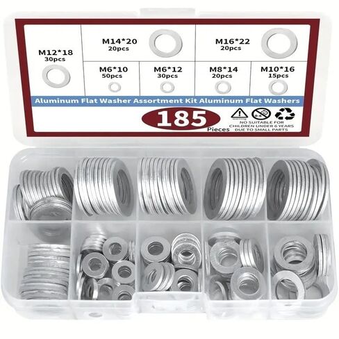 185PCS Aluminum Crush Washer Assortment Kit, Oil Drain Plug Gasket Sealing Washers, 7 Outer Diameter Sizes 10/12/14/16/18/20/22mm for Auto Motorcycle Oil Change in Kuwait