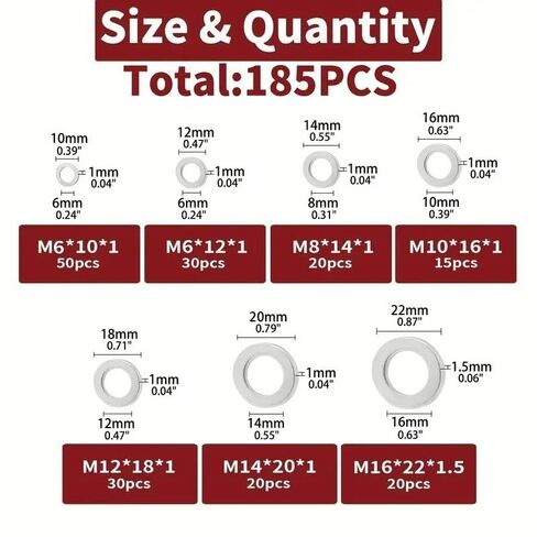 185PCS Aluminum Crush Washer Assortment Kit, Oil Drain Plug Gasket Sealing Washers, 7 Outer Diameter Sizes 10/12/14/16/18/20/22mm for Auto Motorcycle Oil Change in Kuwait