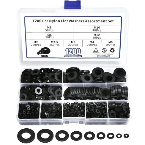 1200PCS Black Nylon Flat Washer Assortment Kit, Metric M2 M2.5 M3 M4 M5 M6 M8 M10 M12 Insulating Spacer Washers for Electrical DIY Mechanical Assembly in Kuwait