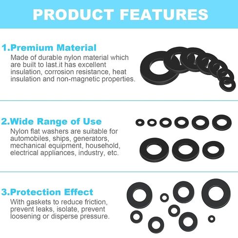1200PCS Black Nylon Flat Washer Assortment Kit, Metric M2 M2.5 M3 M4 M5 M6 M8 M10 M12 Insulating Spacer Washers for Electrical DIY Mechanical Assembly in Kuwait