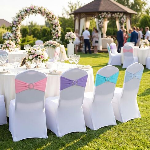 48 Pcs Spandex Chair Sashes for Wedding Decoration, Stretch Chair Sashes with Buckle, for Banquet Party Fiesta Ceremony Reception, Blue Green Pink Purple in Kuwait