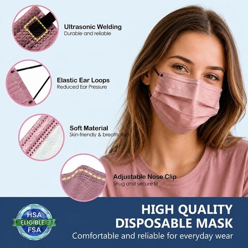 Disposable Face Mask for Adults - FSA Eligible HSA, 4 Ply 50 Pack Individually Wrapped, 10 Color Breathable Safe Travel Masks in Kuwait