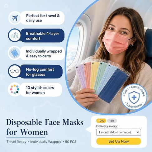 Disposable Face Mask for Adults - FSA Eligible HSA, 4 Ply 50 Pack Individually Wrapped, 10 Color Breathable Safe Travel Masks in Kuwait