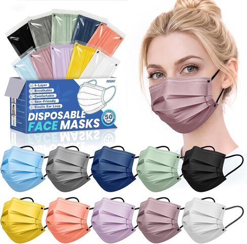 Disposable Face Mask for Adults - FSA Eligible HSA, 4 Ply 50 Pack Individually Wrapped, 10 Color Breathable Safe Travel Masks in Kuwait