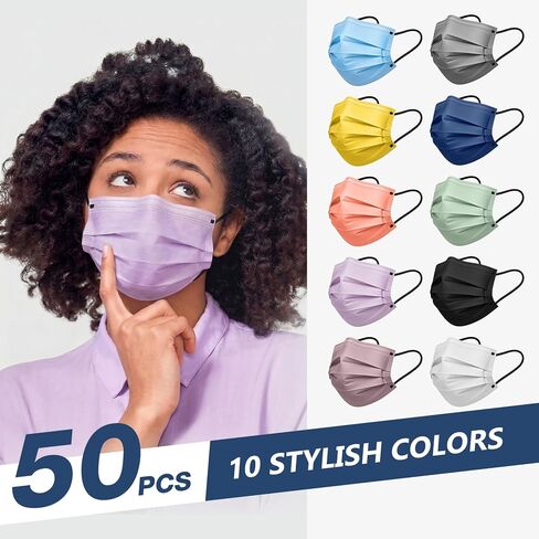 Disposable Face Mask for Adults - FSA Eligible HSA, 4 Ply 50 Pack Individually Wrapped, 10 Color Breathable Safe Travel Masks in Kuwait