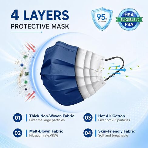 Disposable Face Mask for Adults - FSA Eligible HSA, 4 Ply 50 Pack Individually Wrapped, 10 Color Breathable Safe Travel Masks in Kuwait
