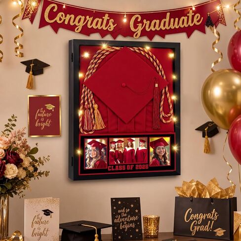 Graduation Shadow Box 17" x 21" Large Graduation Picture Frame Class of 2025 Shadow Box with Window String Light Card Picture Display Case with Layered Design for Keepsake Memory Cap Gown in Saudi Arabia