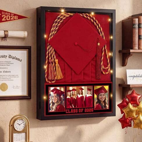 Graduation Shadow Box 17" x 21" Large Graduation Picture Frame Class of 2025 Shadow Box with Window String Light Card Picture Display Case with Layered Design for Keepsake Memory Cap Gown in Saudi Arabia