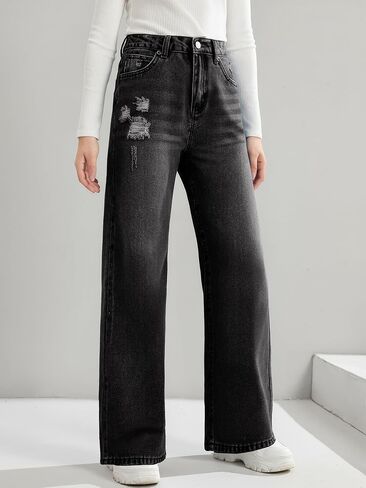 Girls Ripped Jeans Wide Leg Denim Pants Cute Cotton Fall Clothes for Kids Streetwear in Kuwait