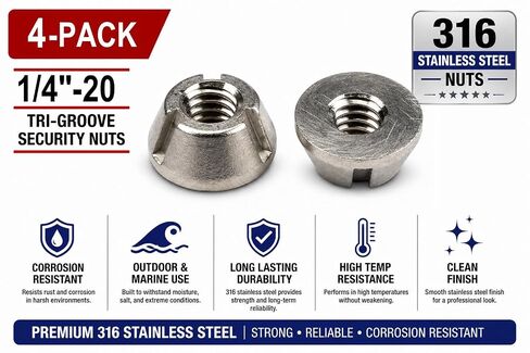 4-Pack - (4) 1/4"-20 Tri-Groove Security Nuts, Stainless Steel 316 | Tamper-Resistant Nuts with 3 Groove Coned Design in Kuwait