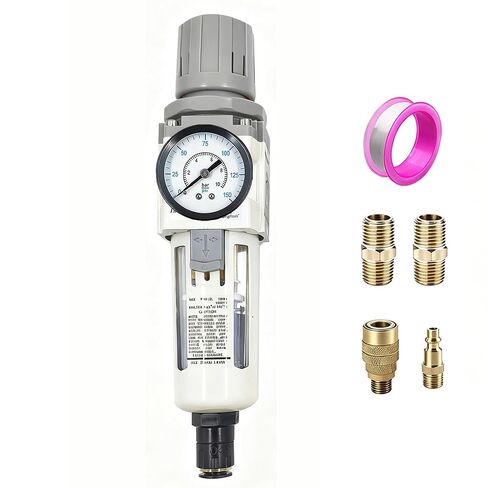 XingNEeng 3/8" NPT Compressed Air Filter Regulator Combo Piggyback, Water/Oil Trap Separator with Pressure Gauge(0-150 psi), Auto Drain, Poly Bowl, 5 Micron Brass Element, Metal Bracket in Kuwait