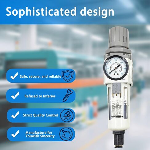 XingNEeng 3/8" NPT Compressed Air Filter Regulator Combo Piggyback, Water/Oil Trap Separator with Pressure Gauge(0-150 psi), Auto Drain, Poly Bowl, 5 Micron Brass Element, Metal Bracket in Kuwait