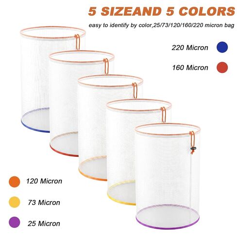 5 Pcs 5 Gallon Reusable Mesh Filter Bags with 2 Pcs Pressing Screens, Nylon Filter Bags 25/73/120/160/220 Micrometer Suitable for Hydroponics Vegetables, Tea Gardening and Industrial Applications in Kuwait