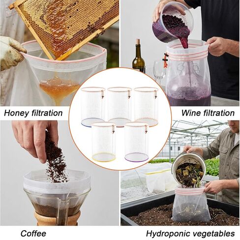 5 Pcs 5 Gallon Reusable Mesh Filter Bags with 2 Pcs Pressing Screens, Nylon Filter Bags 25/73/120/160/220 Micrometer Suitable for Hydroponics Vegetables, Tea Gardening and Industrial Applications in Kuwait