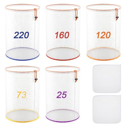5 Pcs 5 Gallon Reusable Mesh Filter Bags with 2 Pcs Pressing Screens, Nylon Filter Bags 25/73/120/160/220 Micrometer Suitable for Hydroponics Vegetables, Tea Gardening and Industrial Applications in Kuwait