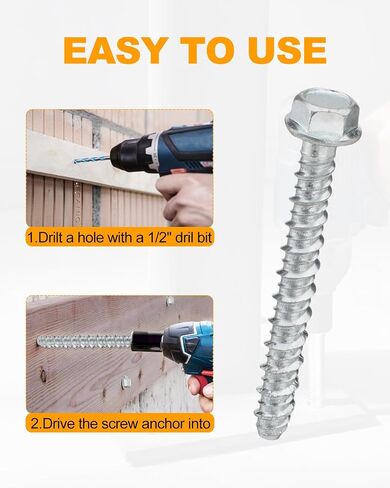 40 PCS 1/2" x 4" Concrete Screw Anchors, Large Diameter Heavy Duty Screw Anchor for Concrete, Masonry, Brick, Block Anchoring in Kuwait