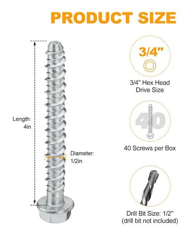 40 PCS 1/2" x 4" Concrete Screw Anchors, Large Diameter Heavy Duty Screw Anchor for Concrete, Masonry, Brick, Block Anchoring in Kuwait