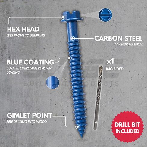 1/4" x 1-1/4" Hex Head Blue Concrete Screws with Drill Bit (Box of 100) | 1-1/4 Inch Hex Masonry Screws for Concrete, Block, Brick and Stucco Masonry in Kuwait