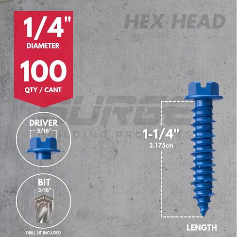 1/4" x 1-1/4" Hex Head Blue Concrete Screws with Drill Bit (Box of 100) | 1-1/4 Inch Hex Masonry Screws for Concrete, Block, Brick and Stucco Masonry in Kuwait