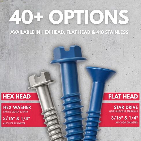 1/4" x 1-1/4" Hex Head Blue Concrete Screws with Drill Bit (Box of 100) | 1-1/4 Inch Hex Masonry Screws for Concrete, Block, Brick and Stucco Masonry in Kuwait