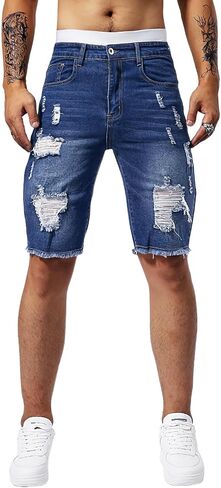 HBER Mens Camo Denim Shorts Jorts Mid Rise Frayed Raw Hem Distressed Bermuda Jean Shorts Y2k with Pockets in Kuwait