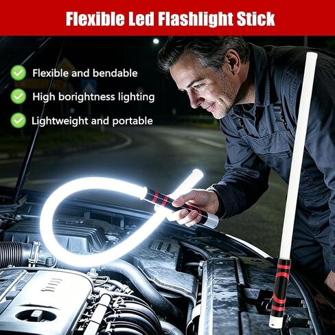Abnaok Flexible LED Flashlight Stick, 30 in Bendable Mechanic Light with High-Lumen LED, Rechargeable Bendable Flashlight, 3 Lighting Modes, Automotive Illumination Tool for Mechanic Car Repairs in Kuwait