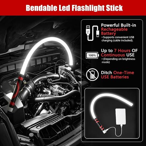 Abnaok Flexible LED Flashlight Stick, 30 in Bendable Mechanic Light with High-Lumen LED, Rechargeable Bendable Flashlight, 3 Lighting Modes, Automotive Illumination Tool for Mechanic Car Repairs in Kuwait